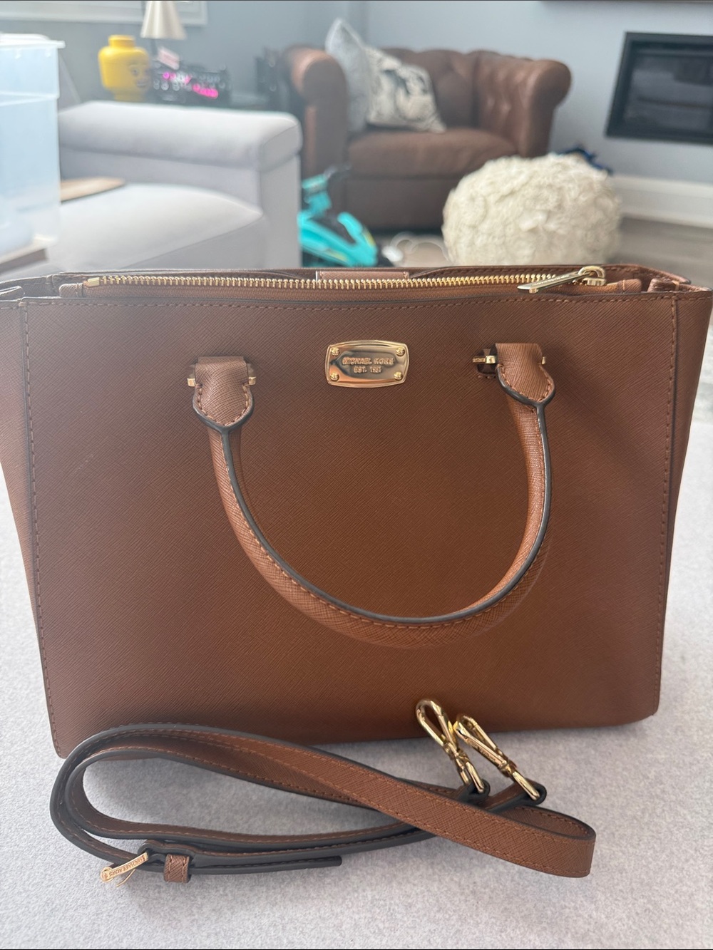 Michael Kors Brown Saffiano Satchel with Gold Hardware and Removable Strap